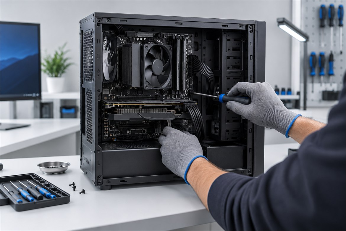 Técnico reparando un ordenador de sobremesa